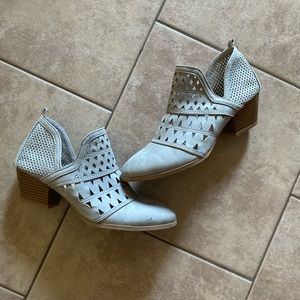 Gray suede laser cutout booties